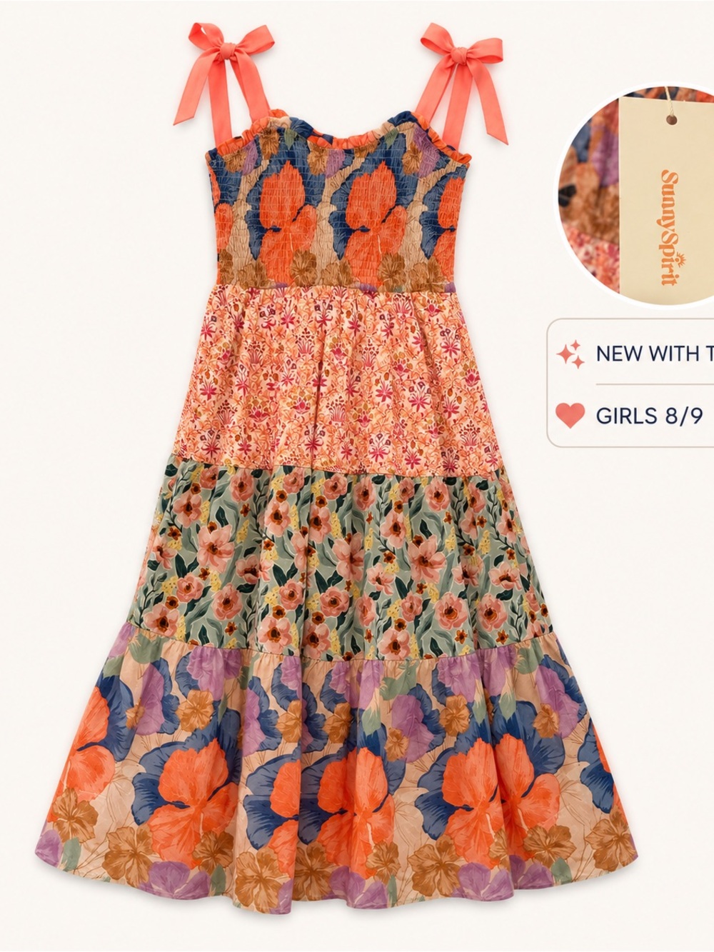 NWT 8/9 Girl Coral, Navy & Purple Floral Tiered Maxi Dress with Coral Tie Straps